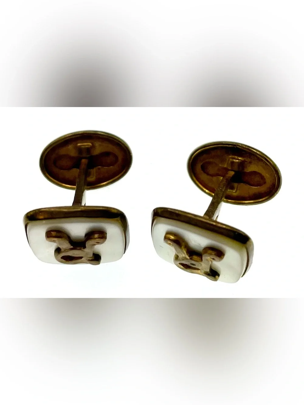 Vintage Mother of Pearl Monogram R Cufflinks Gold Tone Mid Century